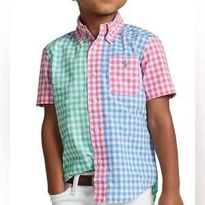 RALPH LAUREN Boys' Poplin Color Block Short Sleeve Shirt. Size 8 Like New.